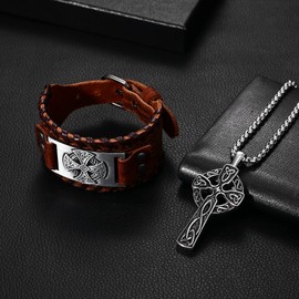 Cupimatch Necklace Tree of Life Viking Bracelet Men's Jewellery Set Stainless Steel Leather Cord Bracelet Chain for Men Boys Black Brown, Stainless Steel