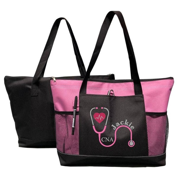 Embroidered Nurses Tote Bag with Stethoscope Design - color: Pink,