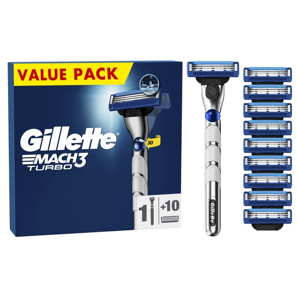 Gillette Mach3 Turbo Men's Razor + 9 Razor Blade Refills, 3 Blades for a Smooth Shave, Fits All Mach3 Handles