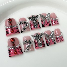 Handmade Short Duck Press on Nails 3D Gothic Thick Acrylic Fake Nails Pink French Tip False Nails with Spikes Angel Charms Rhinestones Leopard Print Designs Sturdy Nail Art Press on Nails 10Pcs(S)
