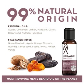 Beard Oil for men by Man Alive 99% Natural skincare 50ml with Oatmeal, Argan Oil, Jojoba Oil & Almond Oil, gifts for men softens facial hair mens gifts birthday gifts for him (Black Suede & Tonka)