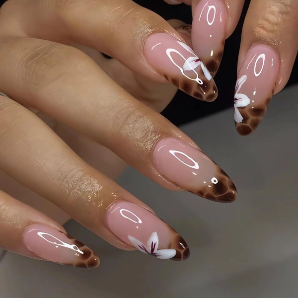 Kaiccoso Almond Cheetah Press on Nails Medium Flower Fake Nails