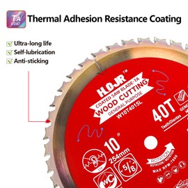 HOJR 6-1/2" to 12" TCT, 10" 40-Tooth Circular Saw Blade, General Purpose Wood Cutting Saw Blade, Arbor: 5/8", Chip Tip Anti-Stick Coating - TA, Compatible with Bosch Diablo, 10" 40T TA