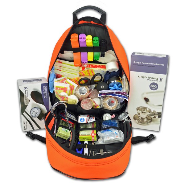 Lightning X First Responder EMT/EMS Backpack Stocked First Aid Supplies Kit B (Fluorescent Orange)