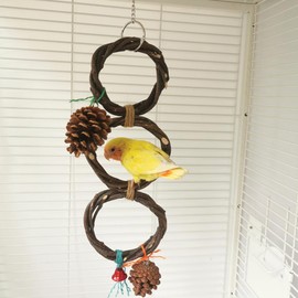 Elvaesther Birds Parrots Hand-Woven Hanging Ring Perch Stand Bird Swing Climbing Toy with Bells Pine Cones Cage Supplies 3 Rings