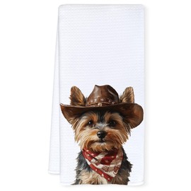 Qnhij Westren Yorkie Kitchen Towels, Yorkshire Terrier Gifts for Women Decorative Hand Towels for Bathroom, Funny Western Cowboy Yorkshire Terrier Dish Tea Towels for Kitchen, 16x24 Inch