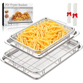 Air Fryer Basket, 2 Set Air Fryer Pans and Tray for Oven with 60 PCS Parchment Papers, DEGOVIN Non-stick Stainless Steel Oven Air Fryer Basket and Tray-18.8" x 12.8"Extra Large &15.7" x 11.6"Large