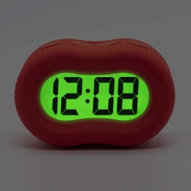 Digital Alarm Clock for Bedrooms Travel, 2 AA Battery Powered, Simple Operation, Large 1" Display, Automatic Green Night Light Dimmer, Snooze, Small, Portable, Home Décor, Red