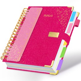 Spiral Notebook Journal 8''x 10'' 5 Subject Notebook with Dividers, 300 Pages Notebook College Ruled with Magnetic Closure, B5 Tabbed Notebooks for Work School, Sparkle Journal for Women (Rose Red)