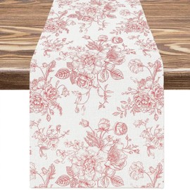 BSITSSS Table Runner Pink, Linen Table Runner Flowers Modern 33 x 183 cm, Monochrome Sketch Rose Table Decoration Spring Summer for Seasonal Kitchen Dining Table Decoration Indoor Holiday Party Decor