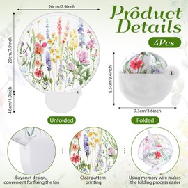 Roowest 4 Pcs Foldable Hand Fans Watercolor Wildflowers Handheld Round Folding Fans with Plastic Handles and Storage Bags for Summer Tea Party Wedding Bridal Shower Parties