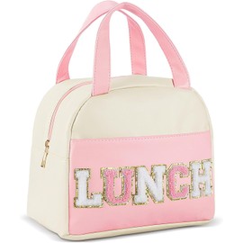 Daover Lunch Bag for Women Teen Girls Kids Adults Large Lunch Box Preppy Cute Pink Lunch Bag with Letter Big Thermal Freezable Reusable Lunch Tote Bag Organizer for Picnic School Work