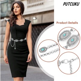 Putcuku Women Western Belt Concho Chain Belts Bobo Turquoise Waist Chain Cowgirl Metal Belts (Silver-S)