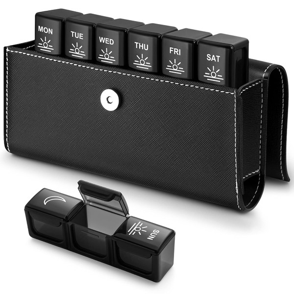 Pill Organizer 3 Times a Day with PU Leather Case, Large Weekly Pill Box, 7 Day Pill Case for Vitamins, Daily Pill Holder for Supplements