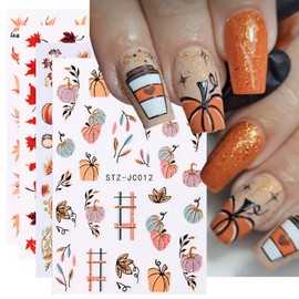Maple Leave Nail Art Sticker Decals, Fall Pumpkin Maple Leaves Nail Stickers 6PCS Autumn Nail Decals for Nail Art Colorful Leaves Design Nail Supplies Elegant Self Adhesive Decals for Women Nail Decor