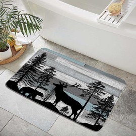 Fall Forest Bear Deer Bath Mat Autumn Rustic Cabin Retro Wooden Board Elk Moose Tree Farmhouse Country Camping Hunting Safari Animal Bathroom Rugs Bedroom Kitchen Toilet Floor Doormat 17.8x29.5 In