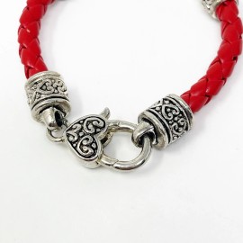 Silver Tone Braided Red Leather Faux Pearl Bracelet Southwest Boho Western