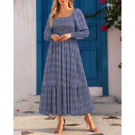 Holipick Blue Floral Dress Women Long Puff Sleeve Square Neck Smocked Boho Modest Flowy Fall Casual Long Maxi Dresses