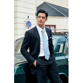 Light Blue Tie Formal Plaid Ties Handkerchief Classic Woven Silk Necktie Pocket Square Clip Set Wedding Business