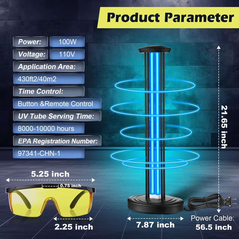 Qualirey UV Light with UV Safety Glasses, 100W Ozone Free