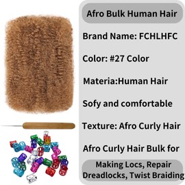 Afro Kinky Bulk 100% Human Hair 8inch 30g/Pack Afro Kinky Curly Bulk Bundles Hair for Making/Repair Locs, Dreadlocks Braiding Hair Extensions（honey Blond#，8 Inch）