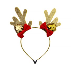 LUX ACCESSORIES Christmas Gold Sequin Reindeer Antlers with Red Bow Head band
