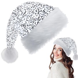 Silver Santa Hat Christmas Hats 35 * 45cm for Adults,Kids,Shiny Sequin Xmas Hat Plush Santa Claus Hat,Unisex Velvet Father Christmas Hat Costume,Christmas Party Hats Cap for Xmas New Year Party Gifts