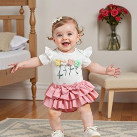 Mubineo Baby Girl Clothes Summer Outfits Cute Flower Romper Ruffle Skirt Shorts Skort Newborn Outfit Bodysuit Sets (White Pink, 0-3 Months)