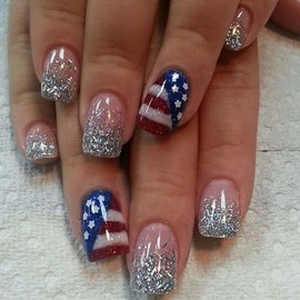 4th of July Press On Nails Medium Square - Patriotic Design with Star and Strips - American Flag | Silver Glitter Press-on Nails | Easy Application Fake Nails for Independence Day Celebrations