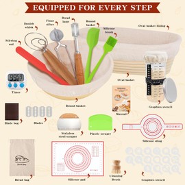 Yewhick Complete Sourdough Starter Kit, 10" Oval and 9" Round Banneton Bread Proofing Basket with Glass Sourdough Starter Jar, Sourdough Bread Baking Supplies Kit Gifts for Bakers Women Wife Mom