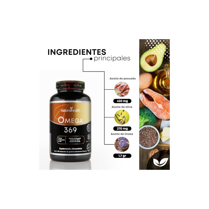 Natural Health. Omega 369. Frasco con 180 Cápsulas de 1.6