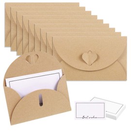 metagio Mini Envelopes, 30 Kraft Paper Envelopes with 30 Blank Paper Cards, Wedding Envelopes with Heart Closure for Wedding Greeting Cards Birthday Cards Party Invitation