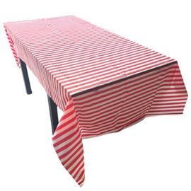 Oojami Pack of 4 Red & White Striped Tablecloths - 54" x 108" - Premium, Reusable, Waterproof Plastic for Parties, Picnics & Events
