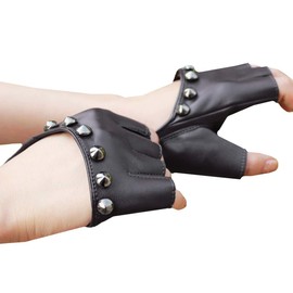 White Fang NT065 Women's Leather Gloves Fingerless Punk Rock Studded Cosplay Gloves (01: Black)