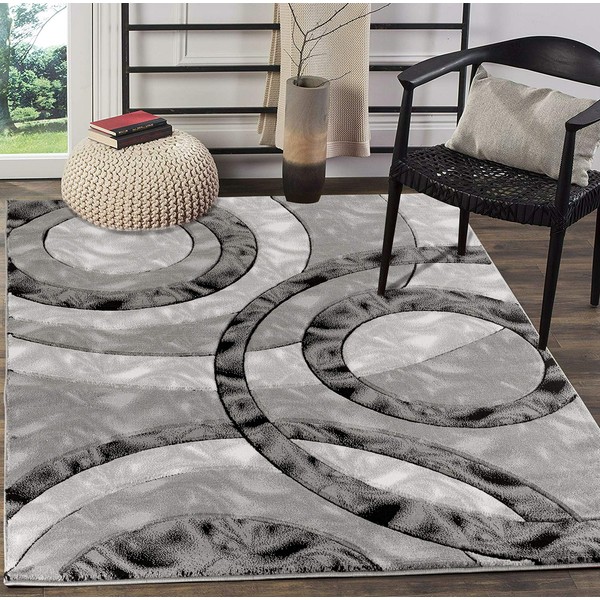 GLORY RUGS Area Rug Modern 5x7 Grey Black Circles Geometry Soft Hand Carved Contemporary Floor Carpet Fluffy Texture for Indoor Living Dining Room and Bedroom Area