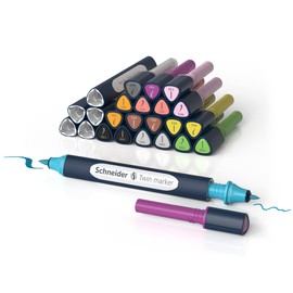 Schneider 040 Paint-It Twin Marker Set V2 (Brush Tip & 1.0 mm Bullet Nib, Colour-Intensive Water Based Ink, for Use on Paper, 92% Recycled Plastic Pens) 27 Pieces, Multi-Colour