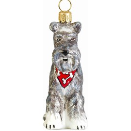 Joy to the World Floppy Ears Grey Schnauzer with Bandana Polish Glass Christmas Tree Ornament New