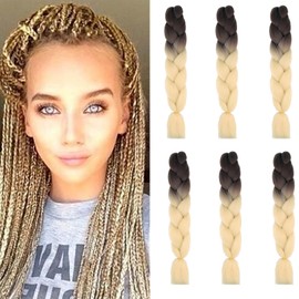 60 cm Braids, Synthetic Hair, Ombre Jumbo Braiding Hair Extensions, Synthetic Braiding Crochet Hairpieces, 6 Pieces, 100 g/Bundle (Brown and Beige)