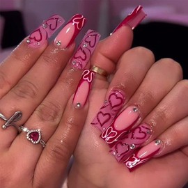 Heart Press on Nails Long Square Valentines Fake Nails Red French Tips Nails Designs Full Cover Glue on Nails Valentines Acrylic Nails Heart Stick on Nails for Women Manicure Decorations 24Pcs