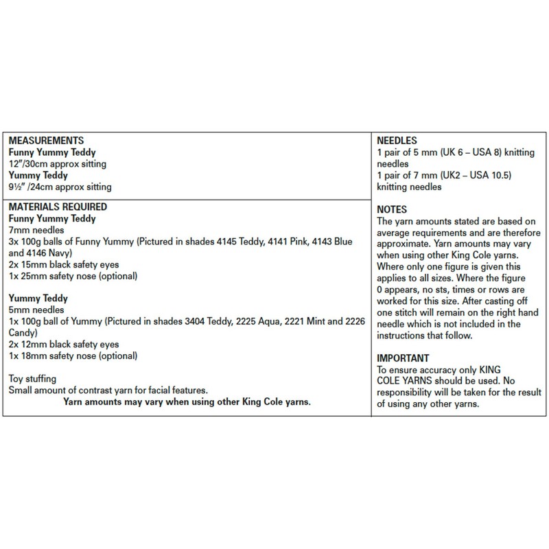 King Cole 9137 Knitting Pattern 2 Sizes Easy Knit Teddy
