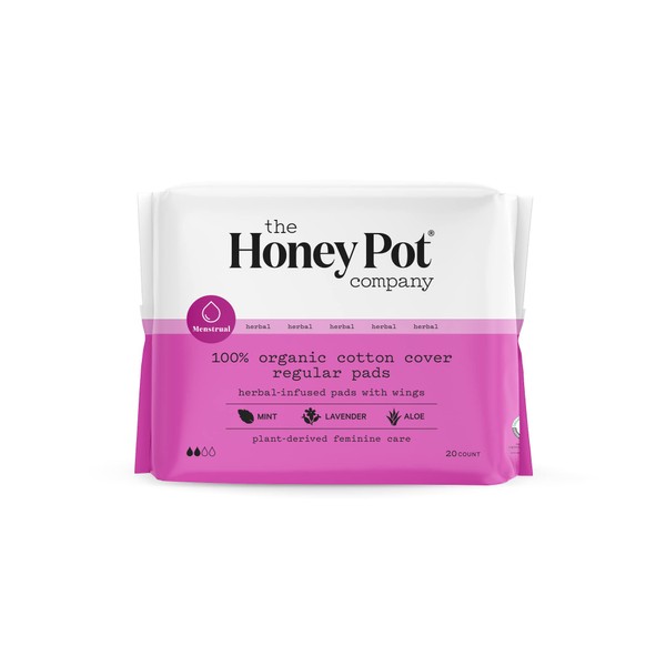 The Honey Pot Company - Herbal Regular Flow Pads with Wings - Organic Pads for Women - Infused w/Essential Oils for Cooling Effect, Cotton Cover, & Ultra-Absorbent Pulp Core - Feminine Care - 20 ct