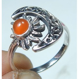 Myhealingworld Crescent Moon And Sun Carnelian Round 925 Sterling Silver Carnelian Ring Jewelry for Good Luck Promise Ring Vintage Ring Birthday Gift Gift For Her, Sterling Silver Gemstone, Carnelian