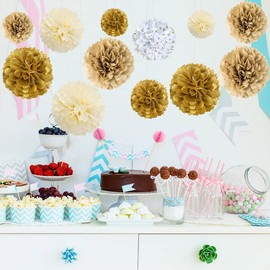 12pcs Gold Gradient Tissue Paper Pompoms,Gold Dot White Hanging Paper Pom Poms for Wedding Birthday Party Deco