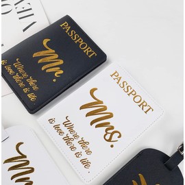 His and Hers Giftable Travel Pack | 2 x Passport Covers and 2 x Luggage Tags | Designed Especially for Couples Travel Lovers | Suitable Wedding Gift | Cute and Thoughtful | PU leather Black and White