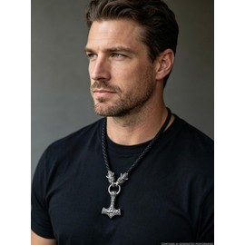Viking Wolf Necklace with Thor's Hammer Pendant, Norse Mythology Theme, Braided Leather Cord (A-Silver) (A-Silver)