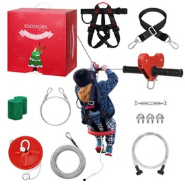 EDOSTORY 120 Feet Backyard Zip Line Kit for Kids and Adult Outdoor Up to 330lb with Stainless Steel Ziplines Spring Brake and Safety Harness, Christmas and Birthday Gifts for Kids(Red)