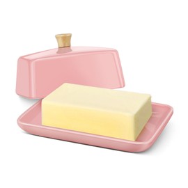 Ceramic Pink Butter Dish and Lid Cover - Butter Storage and Preservation 7in
