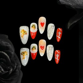 Handmade Press On Nails Almond Shape Little Angel Design - Vintage Pearl & Silver Flower Acrylic Fake Nails, Salon Quality False Nails with Red/White Romantic Style (Red angel, L)