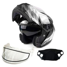 Typhoon TH158 Adult Dual Visor Modular Snowmobile Helmet DOT Full Face Flip-up (Whie/Black, Large)
