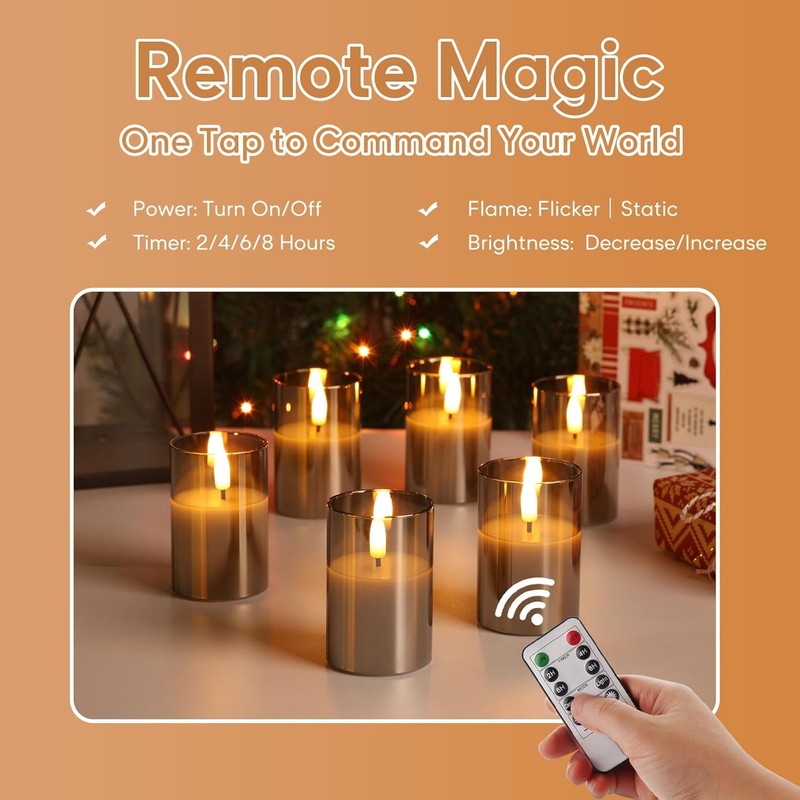 Grey Glass Flameless Votive Candles with Remote Timer, Real Wax